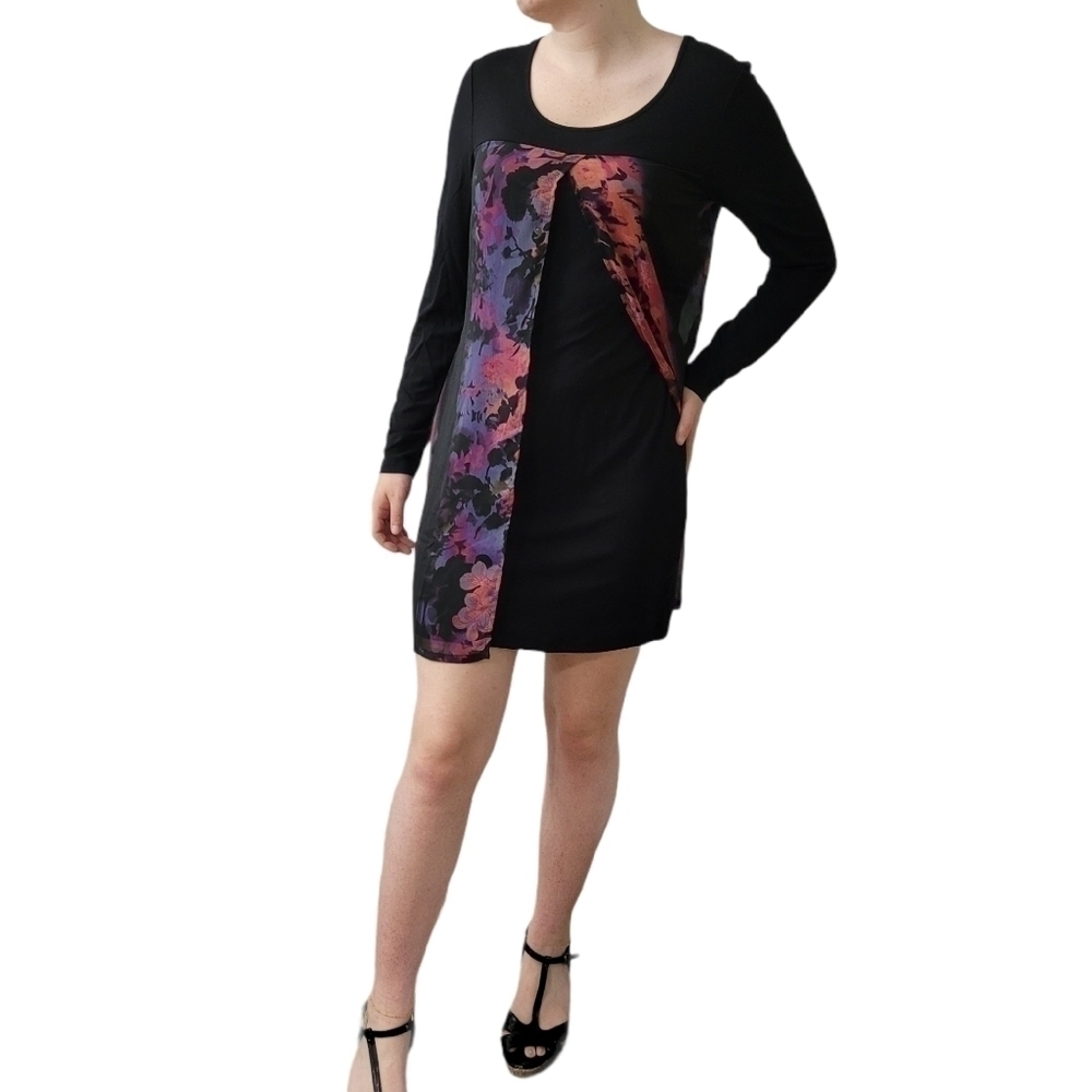 𝅺BLACK Sheath Mini Pink Purp Ovrly Shirt Dress Size 6